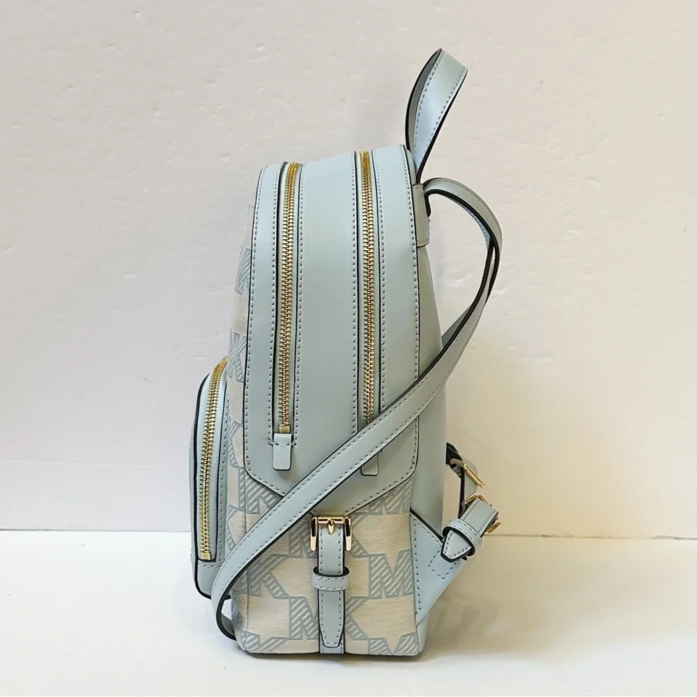 Michael Kors JAYCEE Medium Zip Pocket Backpack Graphic Logo MK Beige Blue